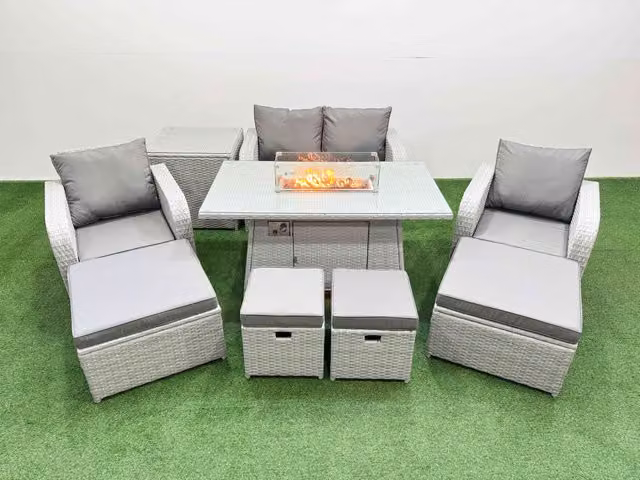Fimous 8 Seater Outdoor Garden Furniture Set with Gas Firepit Table in Light Grey