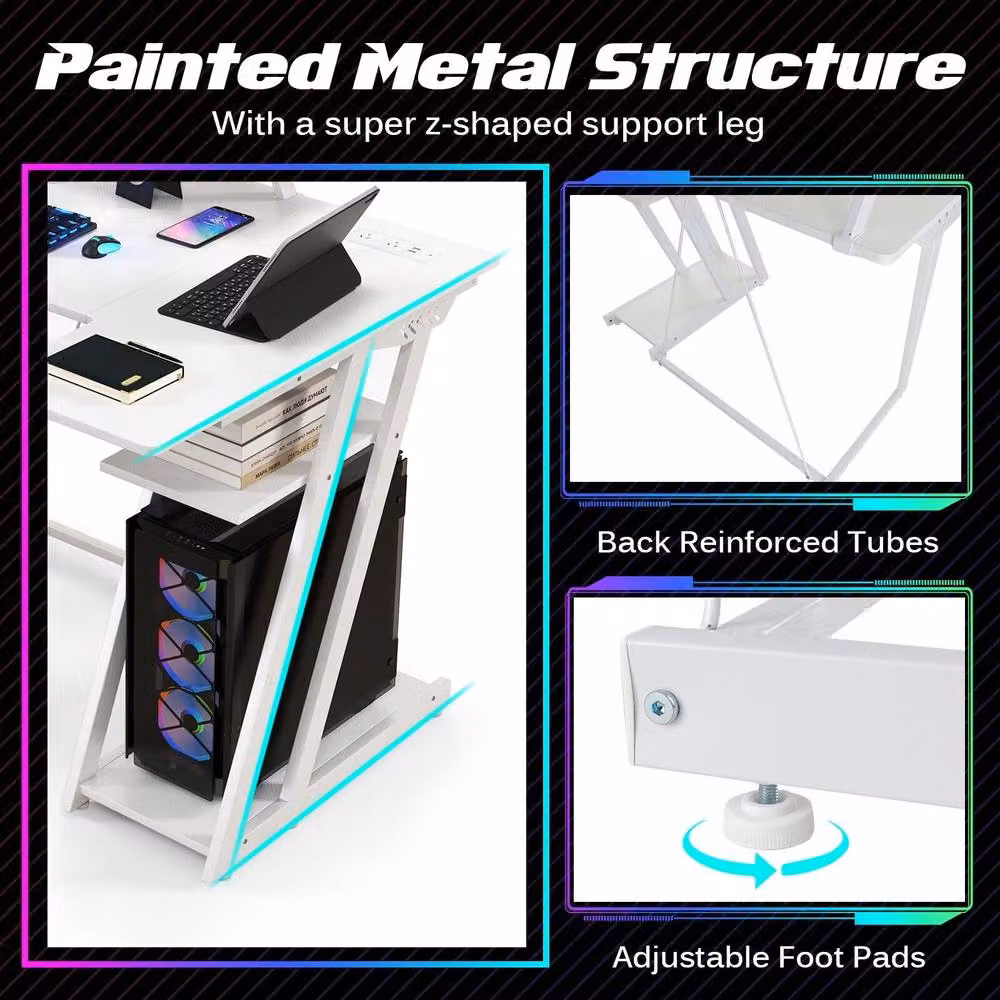 Costway L-Shaped Gaming Desk with Monitor Shelf and Outlets in White – 6