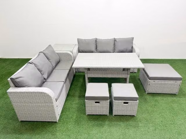 Fimous 9 Seater Grey Wicker Rattan Garden Furniture Set with Rectangular Dining Table, High Back Lounge Sofa, 3 Stools and Side Table