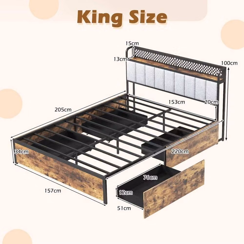 KORVIXA King Size Platform Bed in Brown with LED Under-Bed Lighting, USB Charging Ports, Bedside Shelves and Storage Drawers, 180 x 200 cm – 2