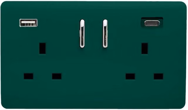 Trendi 2 Gang 13 Amp USB Switch Plug Socket with 2 x 3.1mA Type A & C Ports, Dark Forest Green