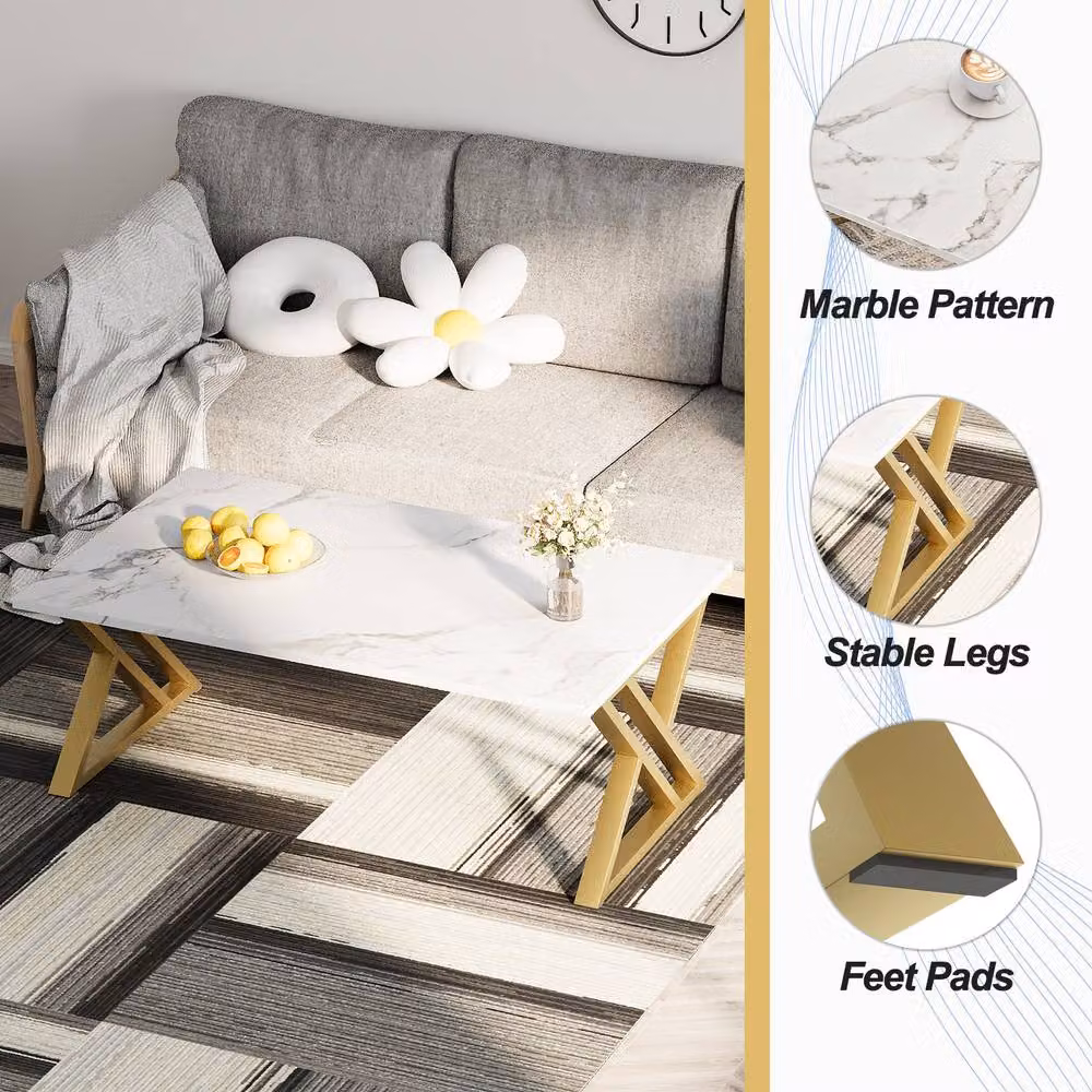Huhote Modern White Geometric Coffee Table with Metal Frame and Glass Top – 4