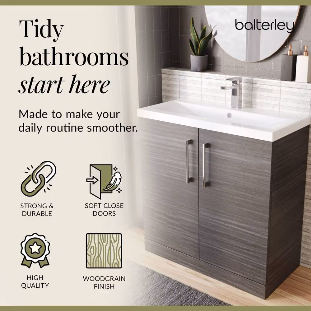 Balterley Contemporary Floor Standing Bathroom Vanity Unit with Mid-Edge Ceramic Basin, Anthracite Woodgrain Grey, W/D/H: 800 x 39 x 84 cm – 4