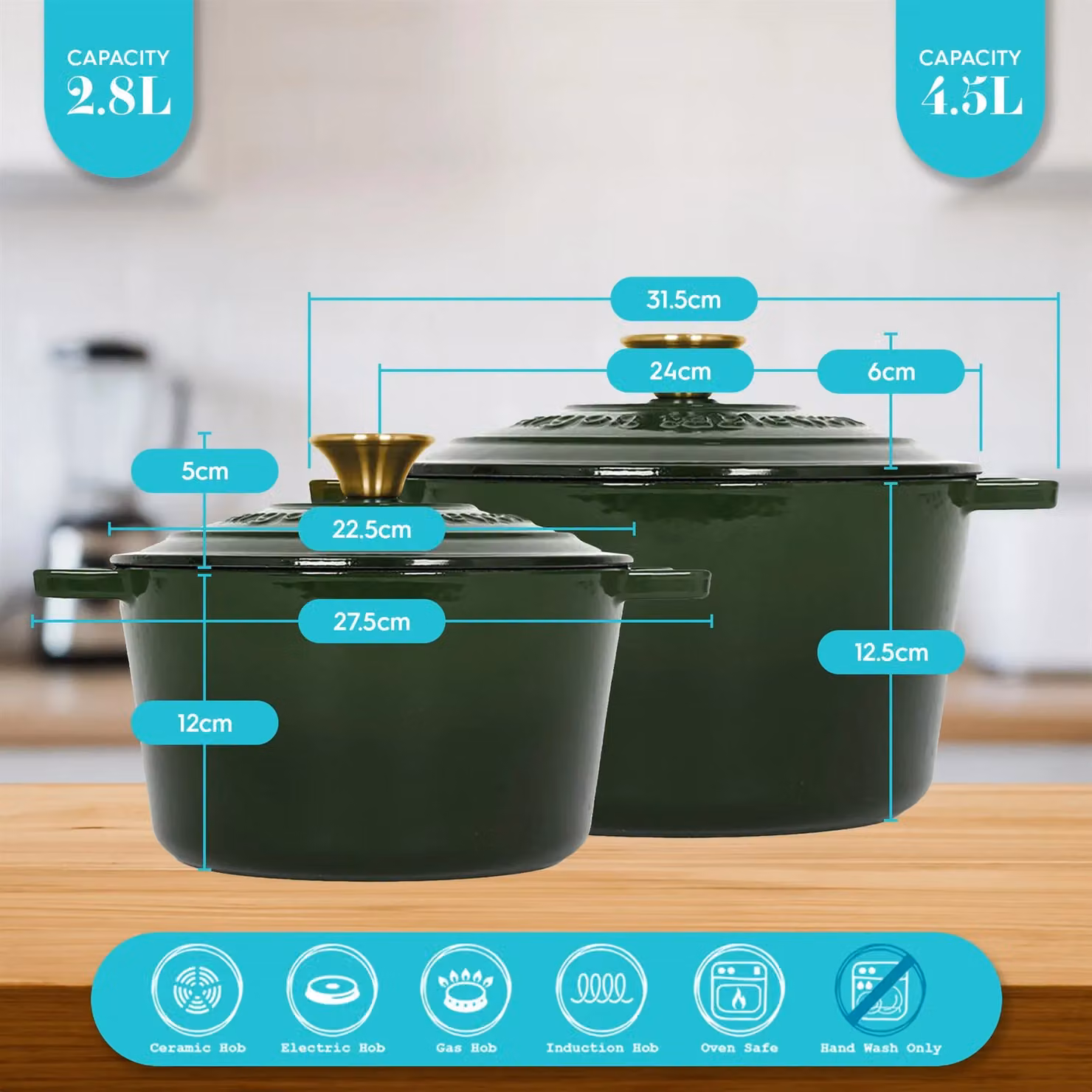 Argon Tableware 2pc Round Enamelled Cast Iron Casserole Dish Set with Lids, Green, 2.8 l and 4.5 l – 3