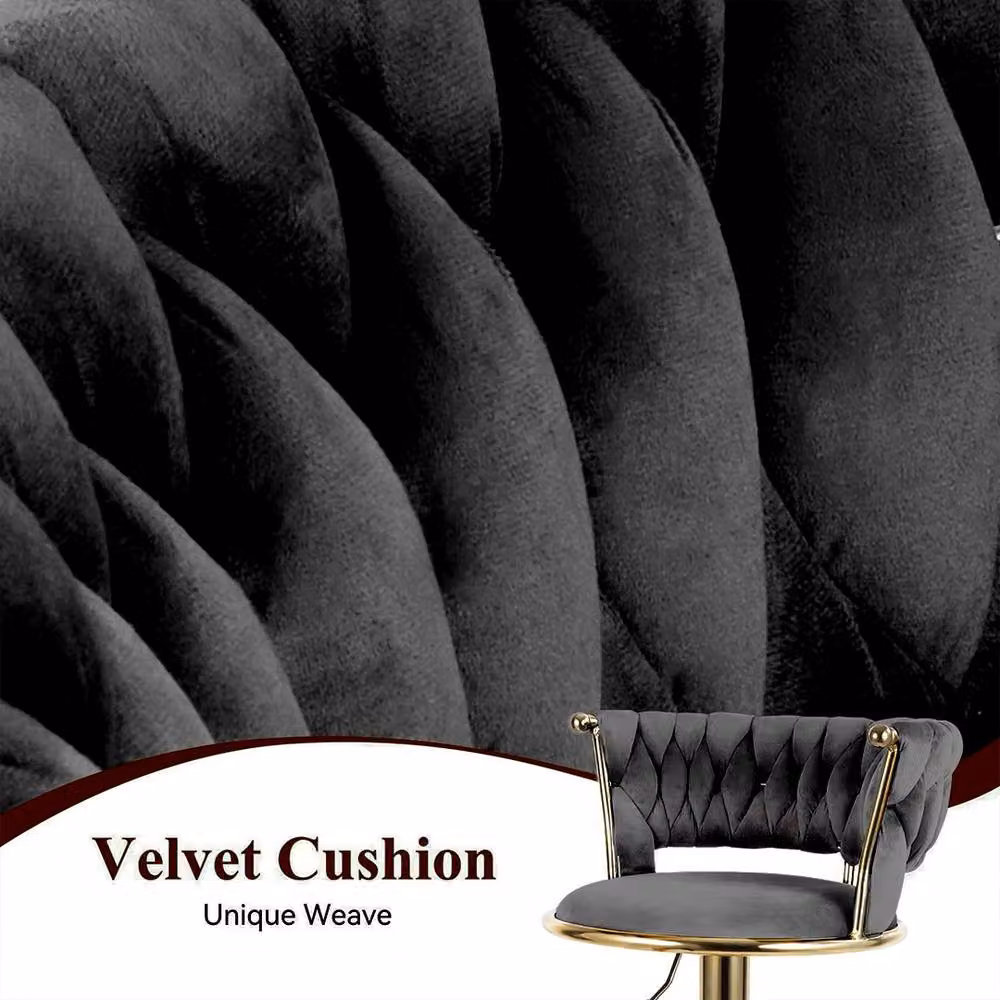 FORGEVIO Set of 2 Black Velvet Adjustable Swivel Breakfast Bar Stools with Gold Metal Accents and Armrests – 3