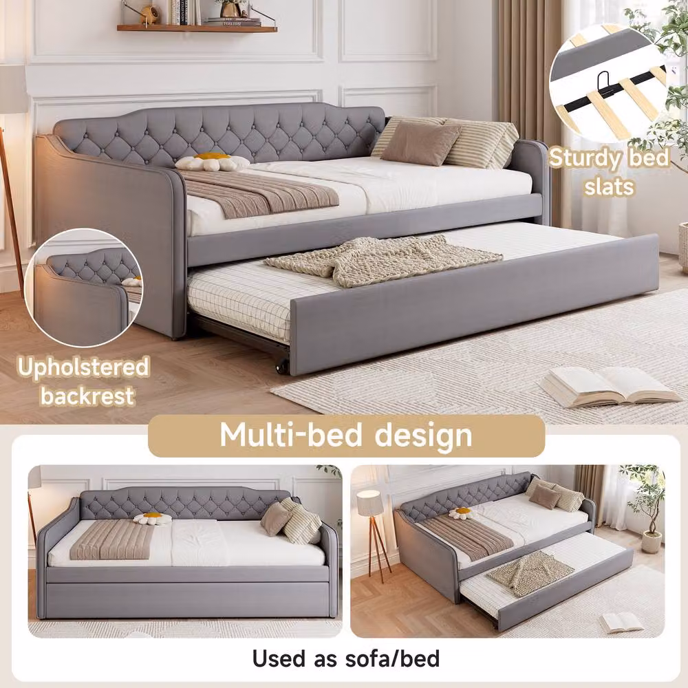 Merax Grey Velvet Upholstered Double Daybed with Pull-Out Trundle Bed, W/D/H: 140 x 200 cm – 3
