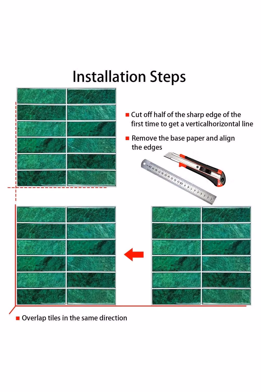H&O Direct 10-Piece Green Stone Texture Waterproof Rectangular Adhesive Wall Stickers – 3