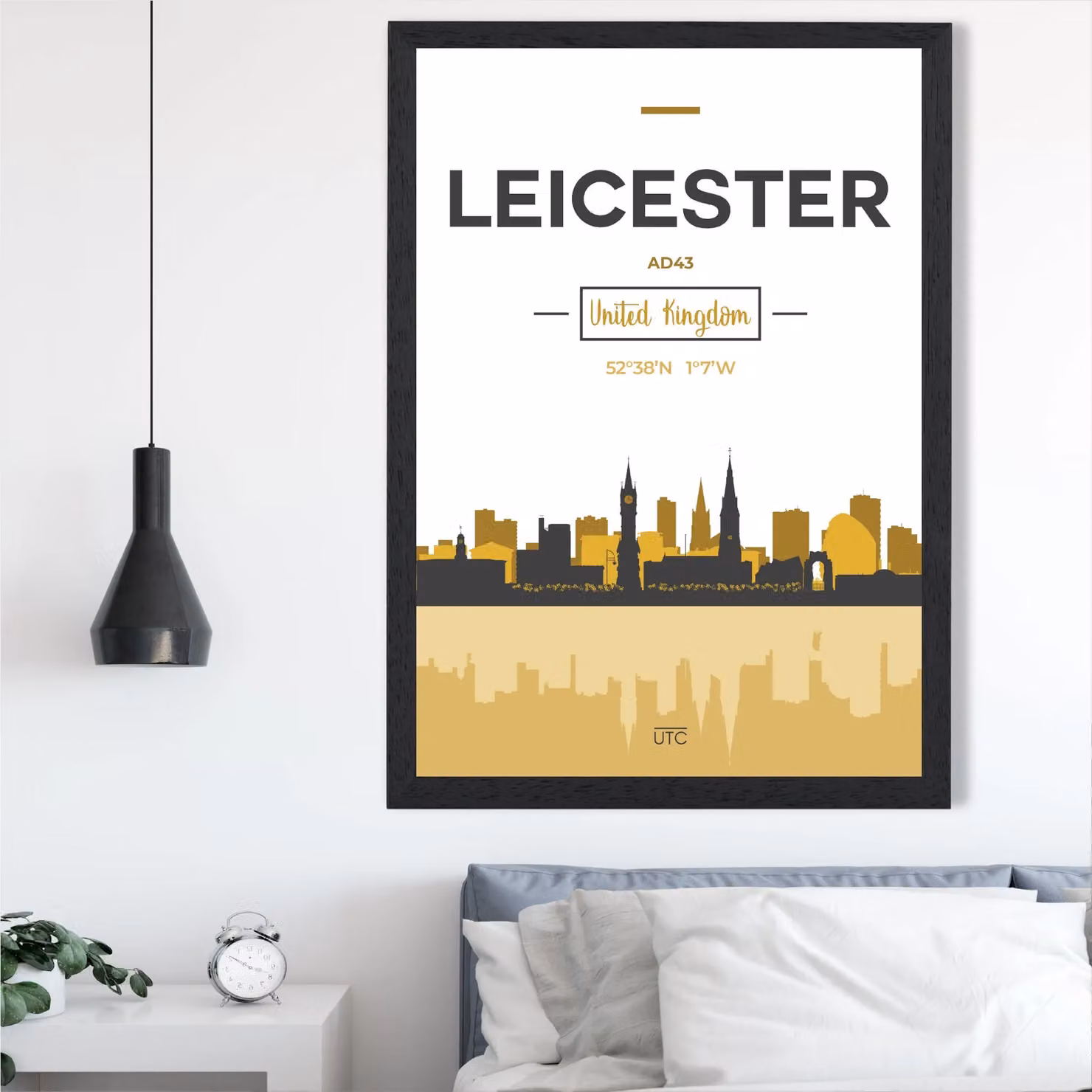 ARTZE Leicester Yellow and Black City Skyline Framed Print – 2