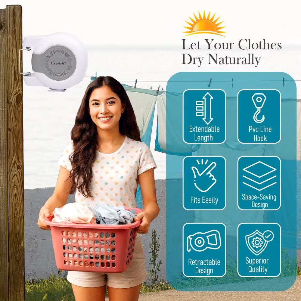 Crystals Retractable Twin Cable Wall Mounted Clothes Line in White, 30m – 2