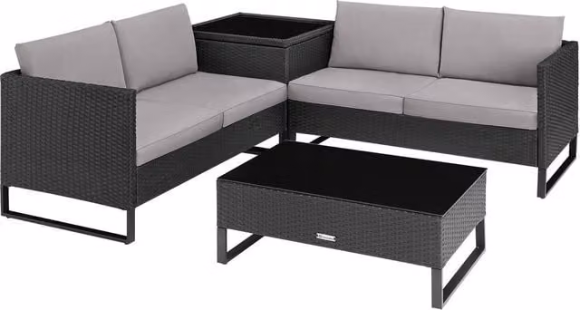 tectake Ostuni 4-Person Garden Furniture Set in Black with Upholstered Cushions and Glass Coffee Table – 1