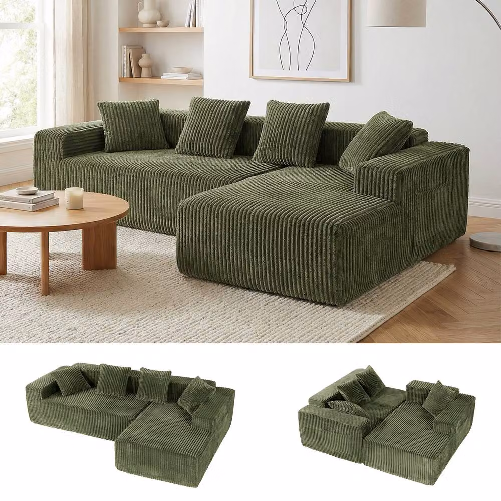 Dprodo 261 cm Modular Right L-Shaped 4 Seater Sectional Sofa in Green Velvet Cord Fabric – 5