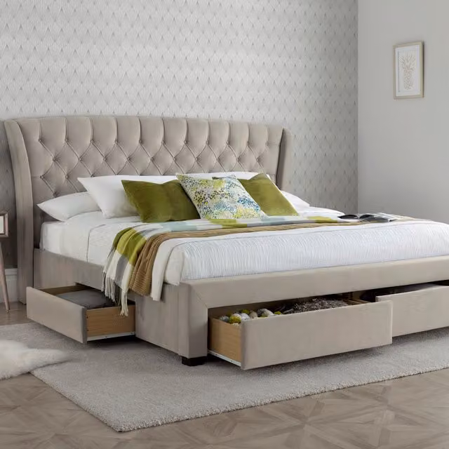 Bedmaster Newton Upholstered Velvet Storage Bed with 4 Drawers in Beige, W/D/H: 180 x 200 cm