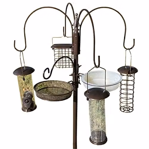 Selections Metal Bird Feeding Station with 4 Feeders, Water Dish and Mesh Tray in Bronze – 1
