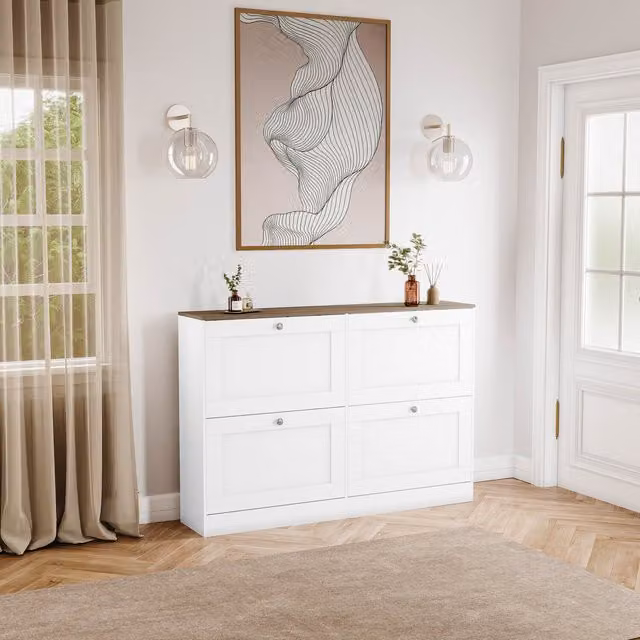 Vida Designs 4 Drawer Shoe Cabinet in White and Oak, H 105 cm x W 80 cm x D 24 cm