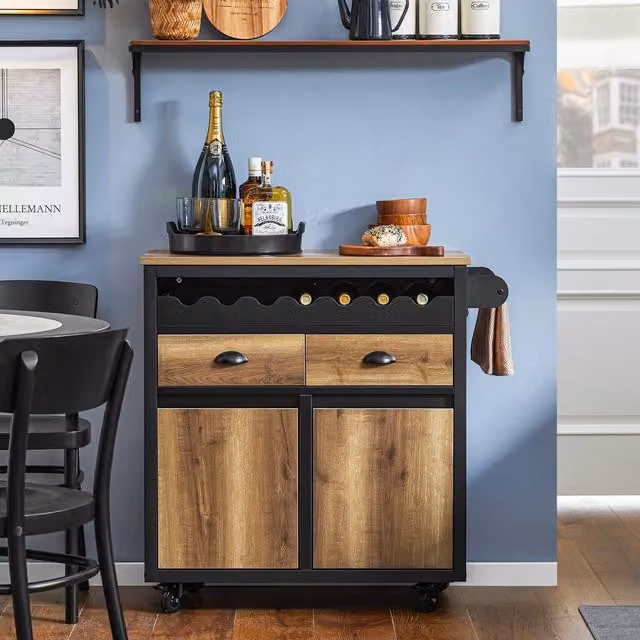 SoBuy Industrial Kitchen Trolley with Wine Rack and Storage in Brown and Black – 1