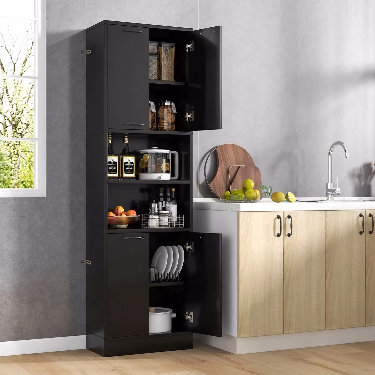 Gymax Black Freestanding Tall Kitchen Cabinet with Hinged Doors and Internal Shelves, Height: 190 cm – 6