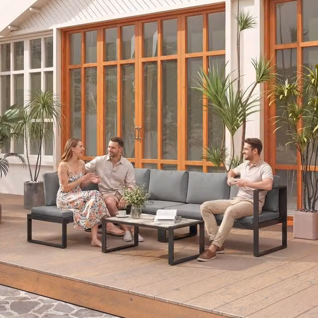 Outsunny Modern Grey Garden Sofa Set with 2 Loveseats, Armless Chair and Coffee Table