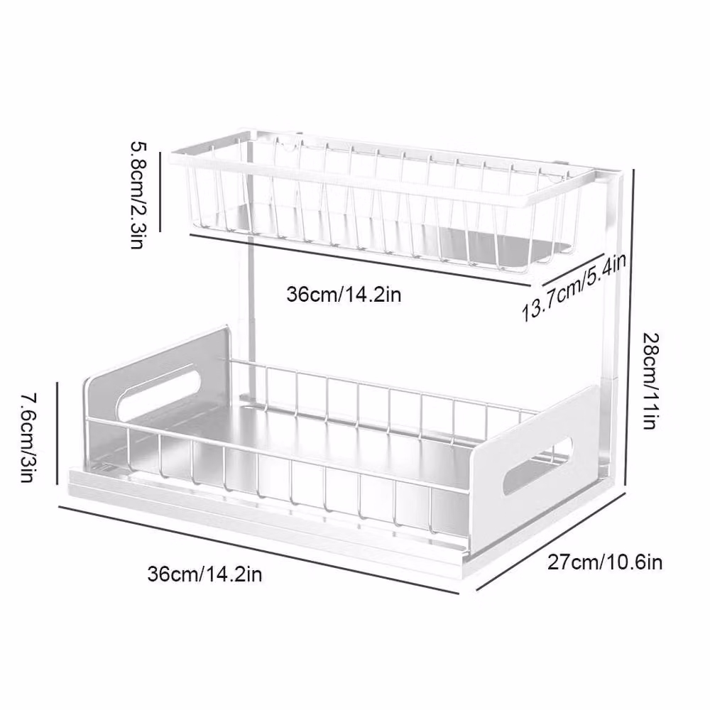 PAWNORA 2 Tier Pull Out Metal Basket Drawer Storage Rack in White – 2