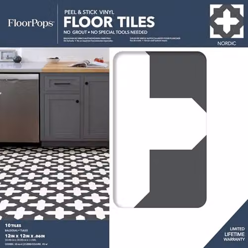 FloorPops FP3308 Nordic Self-Adhesive Geometric Tile-Look Floor Tiles, Black and White – 2
