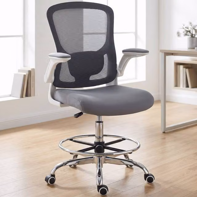 ERGOVEXA Grey Fabric Draughtsman Chair with 360 Degree Swivel, Armrests and Foot Ring