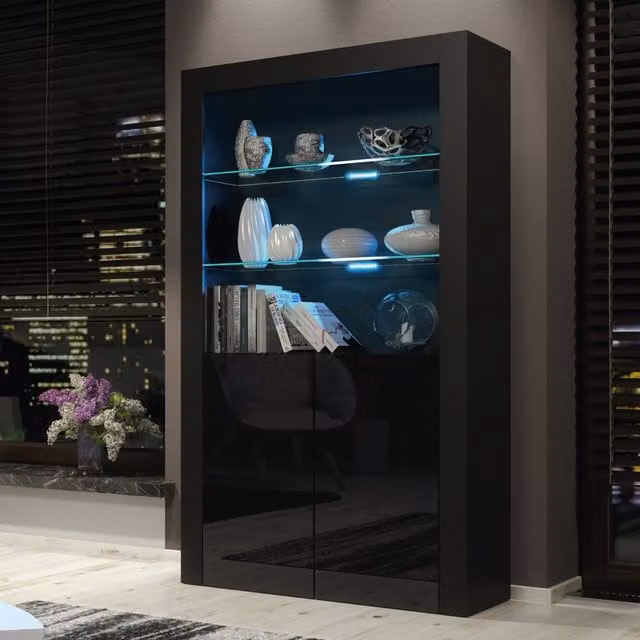 Creative Furniture Spectrum Black Modern Display Cabinet with Glass Doors and LED Lighting, H 170 cm x W 100 cm x D 35 cm