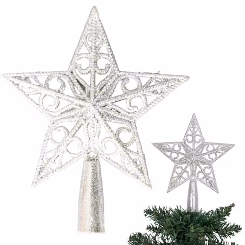 Shatchi Silver Glitter Star Christmas Tree Topper, 14.5 cm – 1