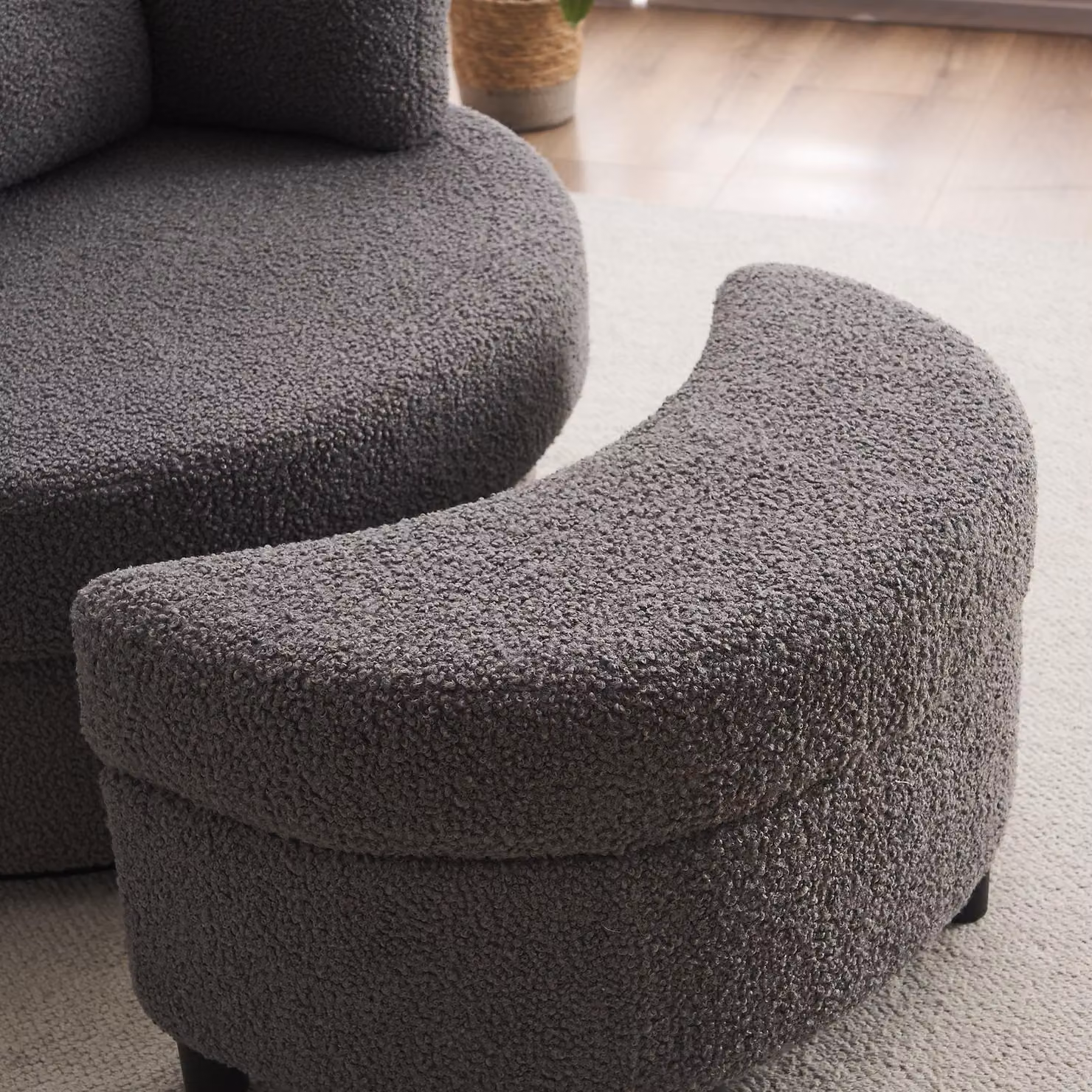 Aosom Teddy 360 Swivel Armchair with 3 Back Cushions and Crescent Ottoman Stool in Medium Grey Bouclé Fabric, W/D/H: 105 x 107 x 82 cm – 4