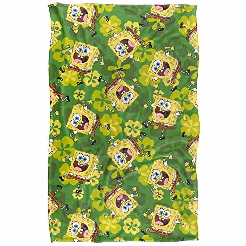 LOGOVISION Nickelodeon Spongebob St. Patrick's Pattern Super Soft Silky Fleece Blanket, Multicolour and Green, W/D/H: 91.44 x 91.44 x 147.32 cm
