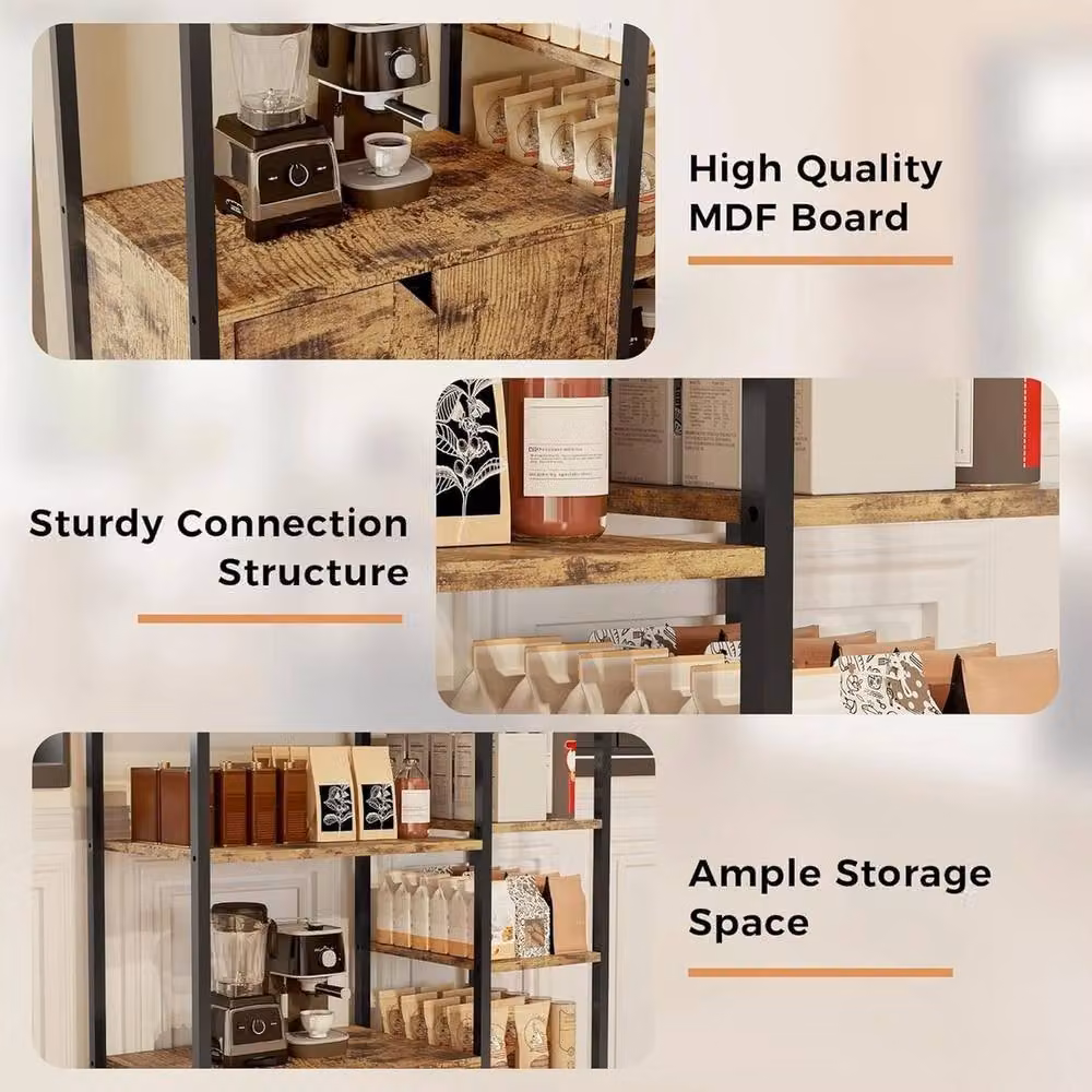 VOGREX Mini Coffee Bar Cabinet Rustic Brown Wood and Metal Storage Sideboard with Doors – 4