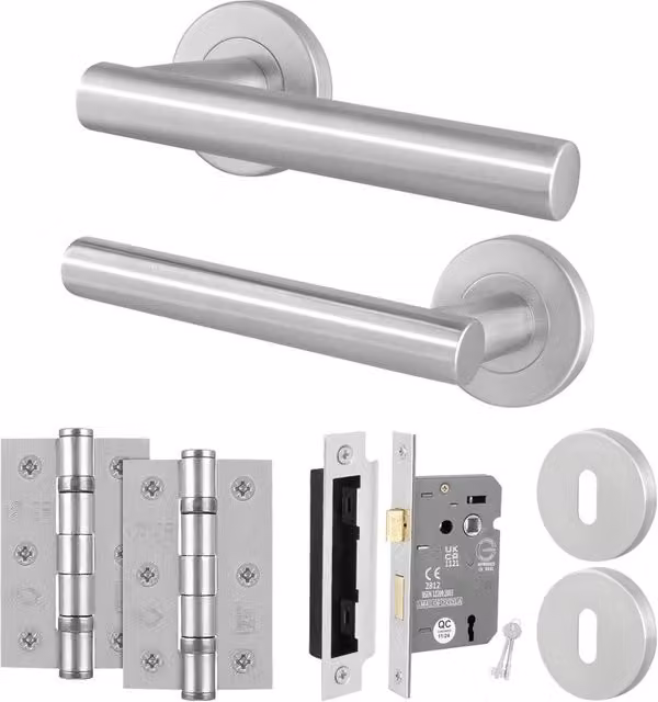 AFIT Satin Silver T-Bar Lever Rose Door Handles with Key Lock and Hinge Kit, W/D/H: 150 x 150 x 64 mm