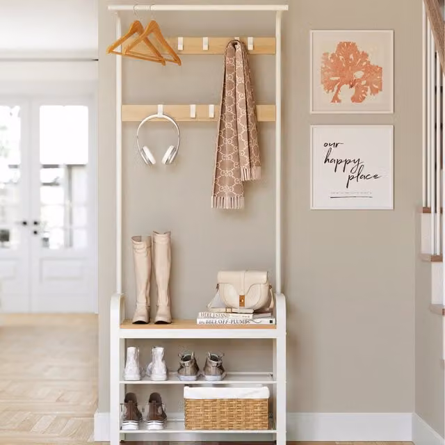 VASAGLE Minimalist Hall Tree with Bench and Hooks in Bronze and White