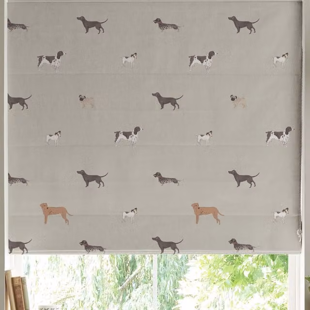 Sophie Allport Woof Made to Measure Roman Blind in Beige and Grey Linen with Blackout Feature