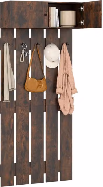 Gymax Wall Mounted Entryway Coat Rack in Brown Rubberwood with Metal Hooks