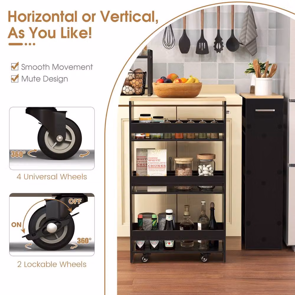Gymax 4-Tier Slim Rolling Kitchen Storage Cart with Castors, Black – 9