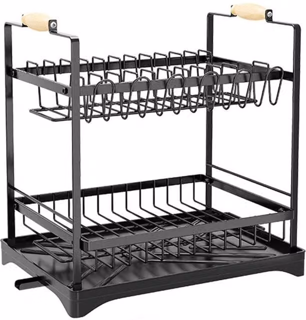 Garden Sanctuary 2-Tier Expandable Metal Dish Drainer with Cutlery Holder in Black