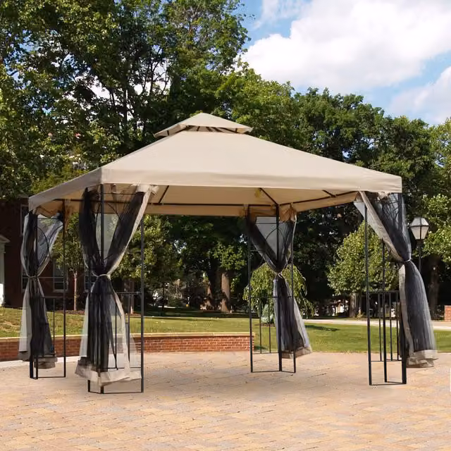Outsunny Metal Gazebo Patio Pavilion Canopy Tent with Shelving in Beige