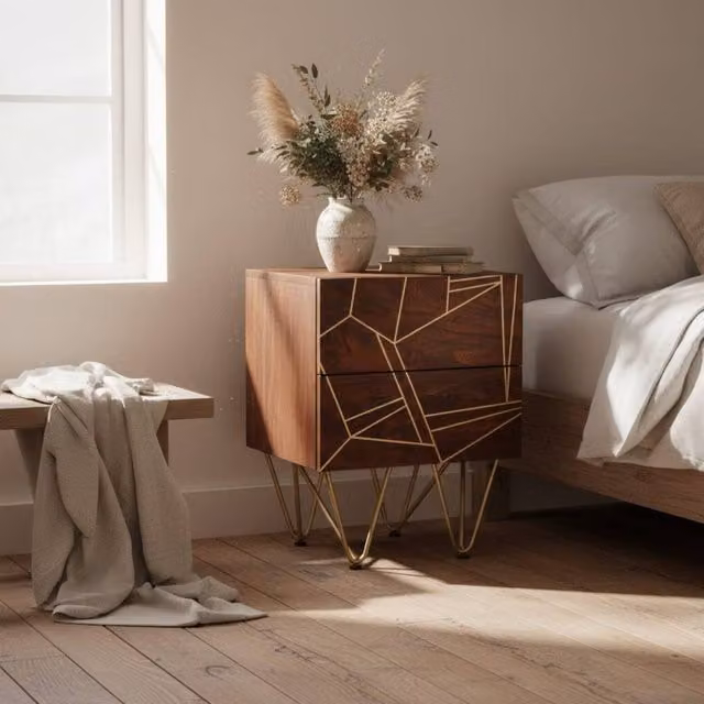 Wyld Haus Bandung 2 Drawer Side Table in Brown Mango Wood with Gold Inlays, W/D/H: 40 x 45 x 60 cm – 1