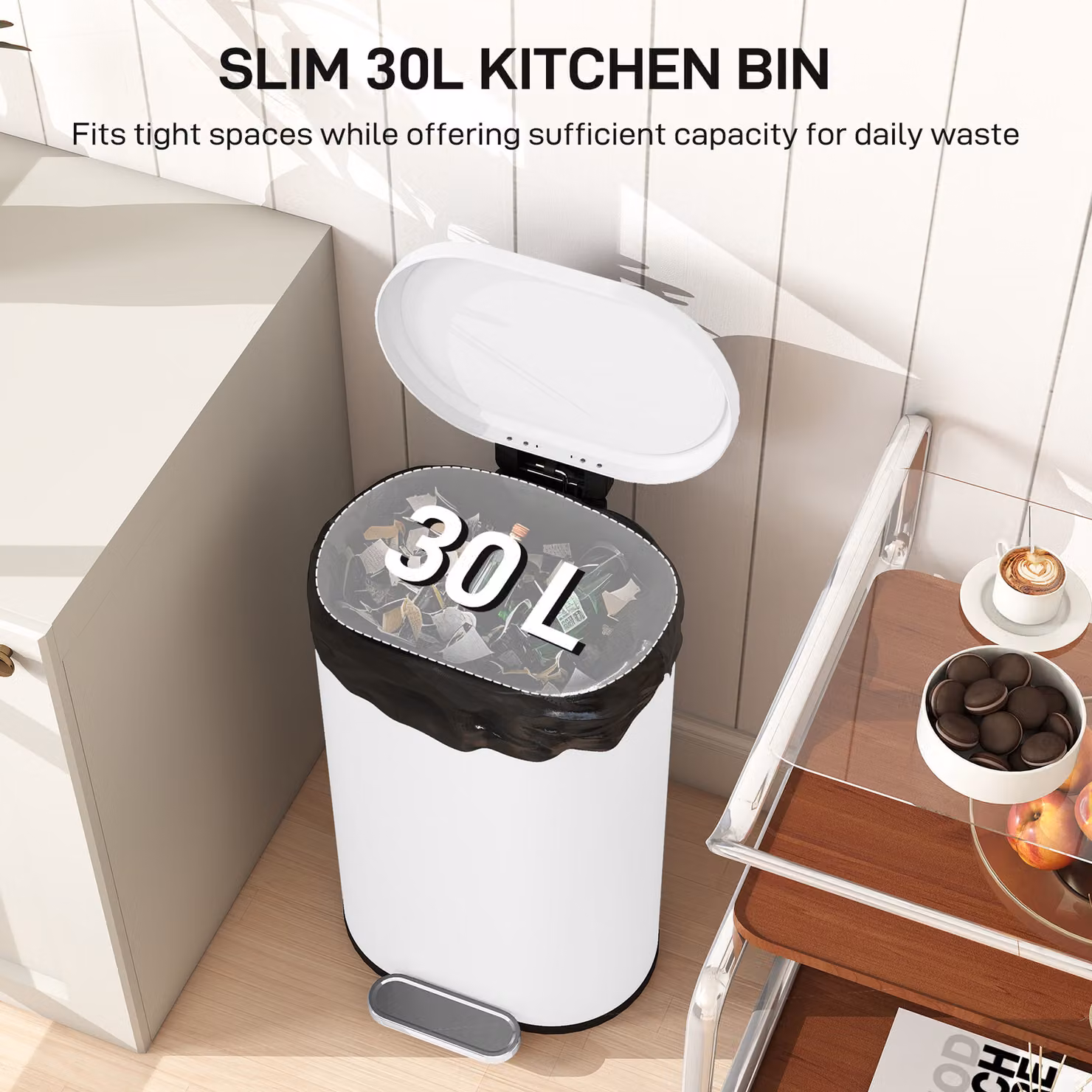 HOMCOM 30 L Modern Curved Pedal Kitchen Bin in White with Soft-Close Lid and Removable Inner Bucket, H 61.0 x W 34.0 x D 30.0 cm – 4