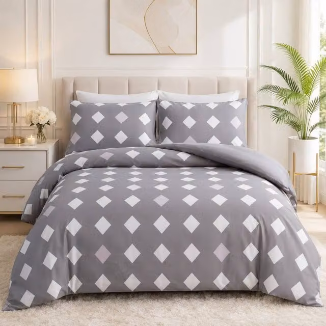 Pamposh Grey and White Double Brushed Microfibre Duvet Cover and Pillowcase Set, King Size (180 x 200 cm)