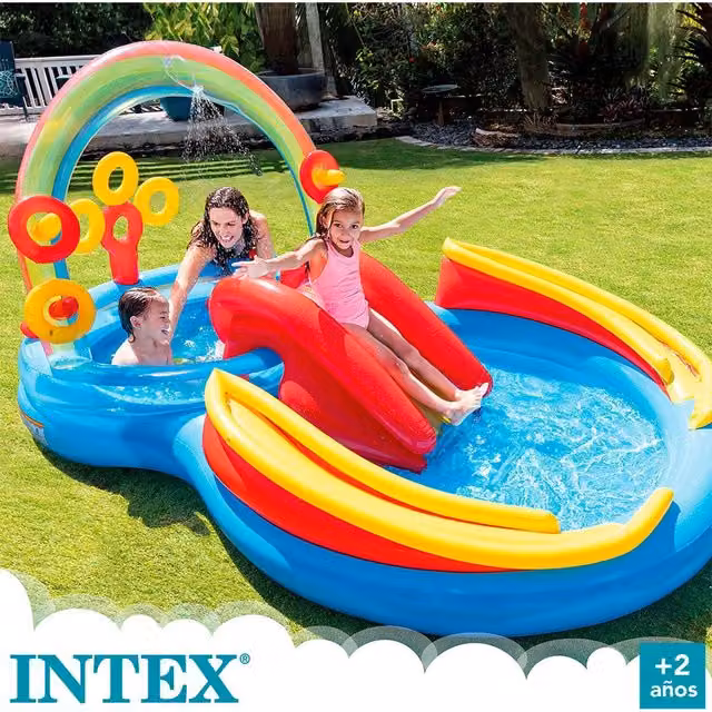 Intex Inflatable Rainbow Pool Play Centre for Children with Slide and Spray, Red and Multicolour