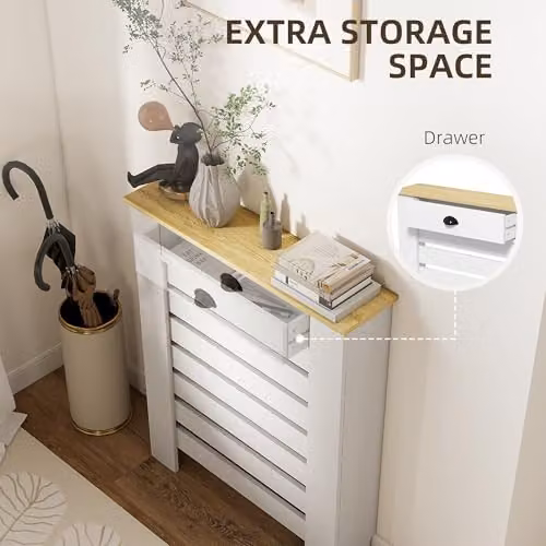 HOMCOM Radiator Cover with Drawer, White MDF, H: 95.5 cm, W: 78 cm, D: 19 cm – 4
