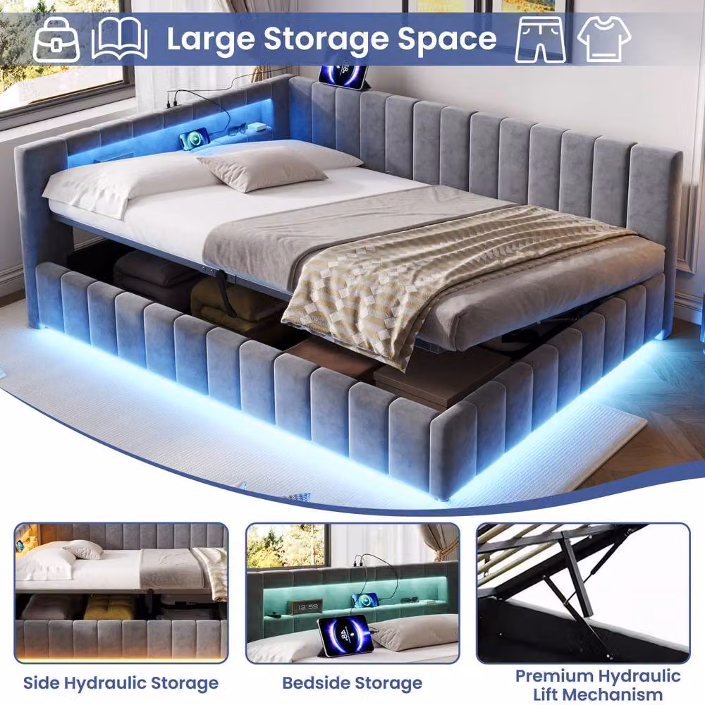 Merax Grey Velvet Double Hydraulic Storage Bed with LED Lighting and USB Charging Station, W/D/H: 140 x 200 x 45 cm – 6