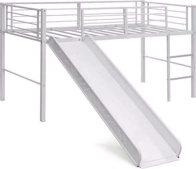 FORGEVIO Children Mid Sleeper Bunk Bed in White Metal with Stairs and Side Compartments, W/D/H: 120 x 60 x 150 cm