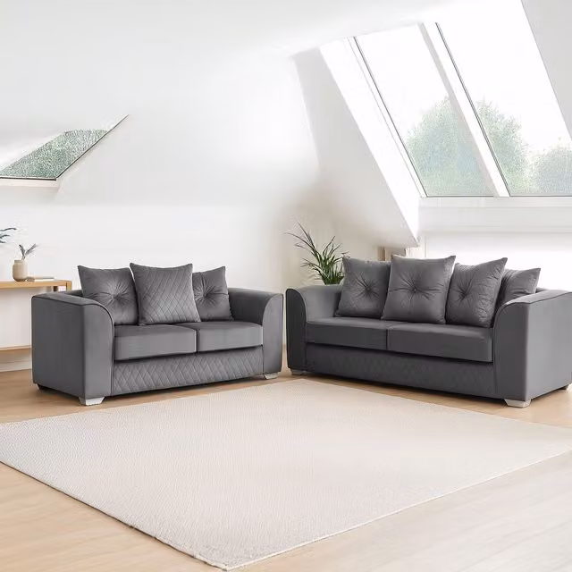 Furnishings For Less UK Victoria Soft Plush Velvet 3 and 2 Seater Sofa Set in Grey with Scatter Back