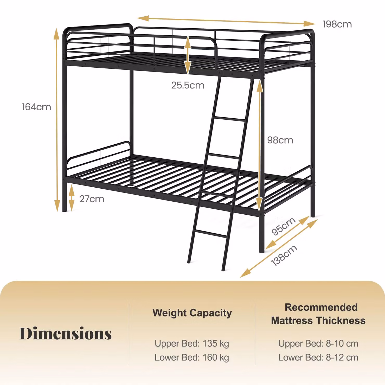 Gymax Heavy Duty Metal Single Over Single Bunk Bed with Ladder in Black – 2