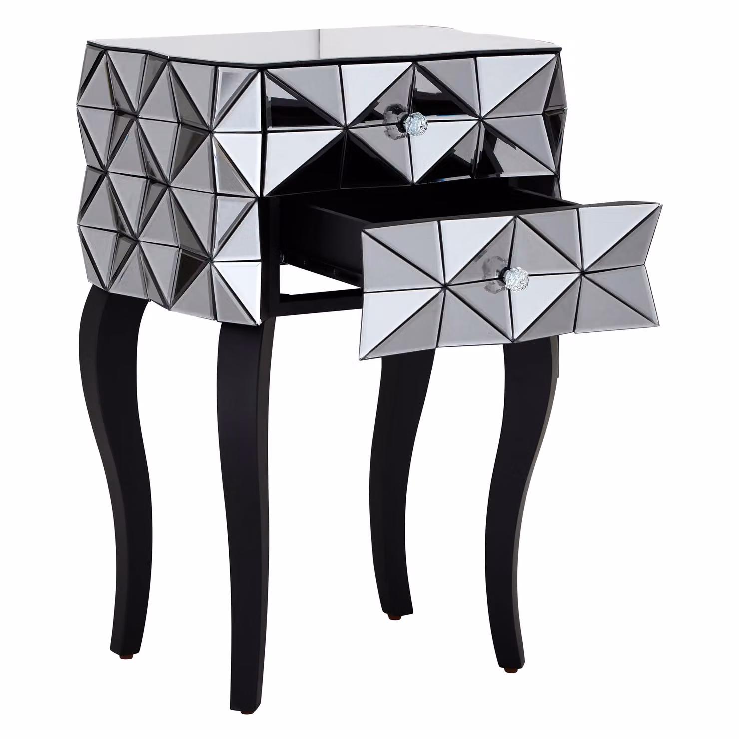 Orsina 2 Drawer Bedside Table in Silver with Cut Glass Handles and Mirror Top, W/D/H: 48 x 48 x 74 cm – 3