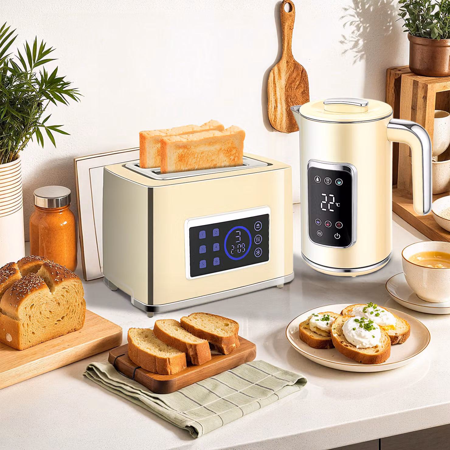HOMCOM Touch Screen Kettle and Toaster Set in Beige – 2