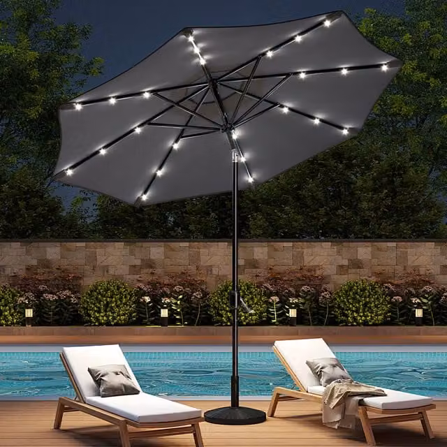 Livingandhome Modern Grey LED Lighted Cantilever Parasol with Freestanding Base
