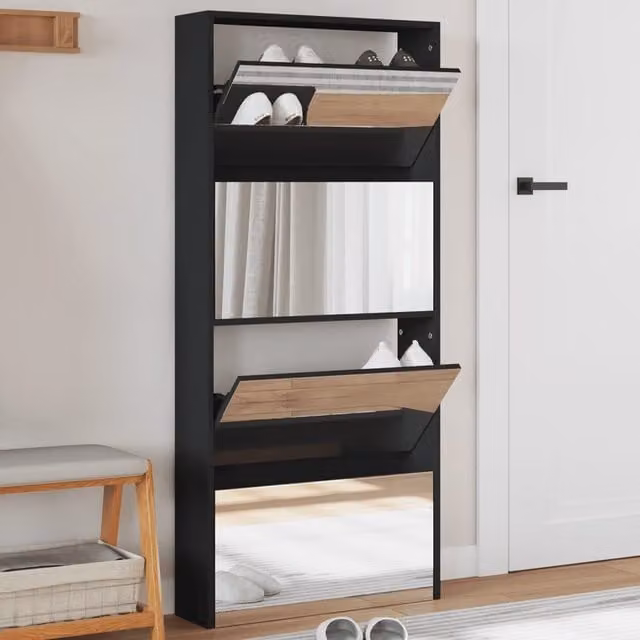 Berkfield Home 4-Layer Shoe Cabinet with Mirror in Black, W: 63 cm, D: 17 cm, H: 134 cm