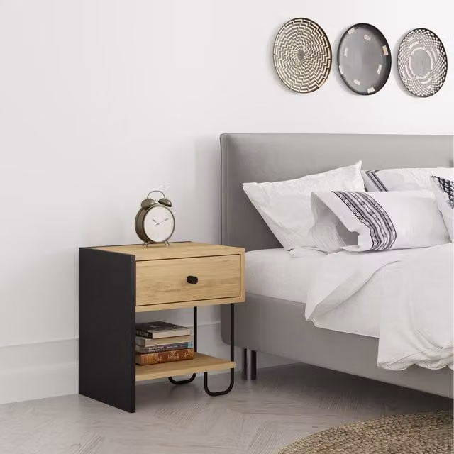 Decortie Sirius Modern Bedside Table with Soft Close Drawer in Oak and Black/Grey/Brown, W/D/H: 34.5 x 45 x 50 cm
